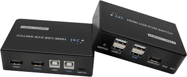 HDMI 2.0 KVM Switch 2 In 1 Out HDMI USB Switch Adapter Switcher 4Kx2K 60Hz EDID Two Computer Hosts Sharing USB Device Printer Scanner Keyboard Mouse HDMI Monitor Wire Control/Body Button