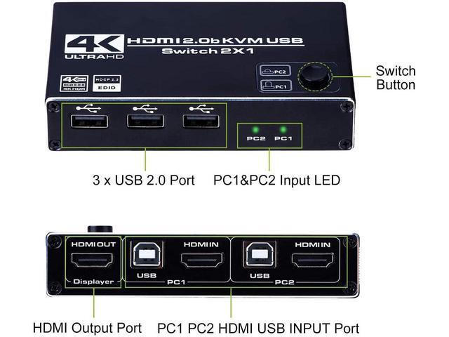 HDMI 2.0b KVM Switch USB 2 Port 4K HDMI 2 Computers Share One Monitor 2x1 HDMI KVM Switch 3 USB 2.0 Hub Ultra HD 4K 60Hz HDCP 2.2 Support Wireless Keyboard And Mouse