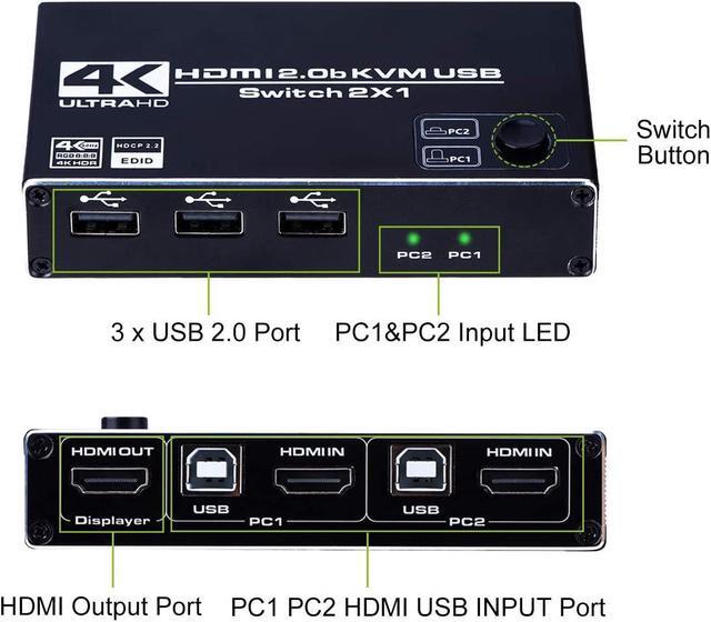 HDMI 2.0b KVM Switch USB 2 Port 4K HDMI 2 Computers Share One Monitor 2x1 HDMI KVM Switch 3 USB 2.0 Hub Ultra HD 4K 60Hz HDCP 2.2 Support Wireless Keyboard And Mouse