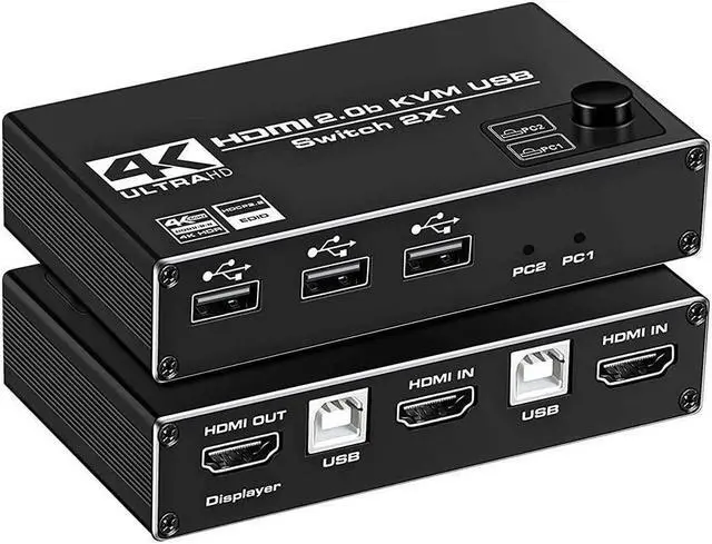 HDMI 2.0b KVM Switch USB 2 Port 4K HDMI 2 Computers Share One Monitor 2x1 HDMI KVM Switch 3 USB 2.0 Hub Ultra HD 4K 60Hz HDCP 2.2 Support Wireless Keyboard and Mouse