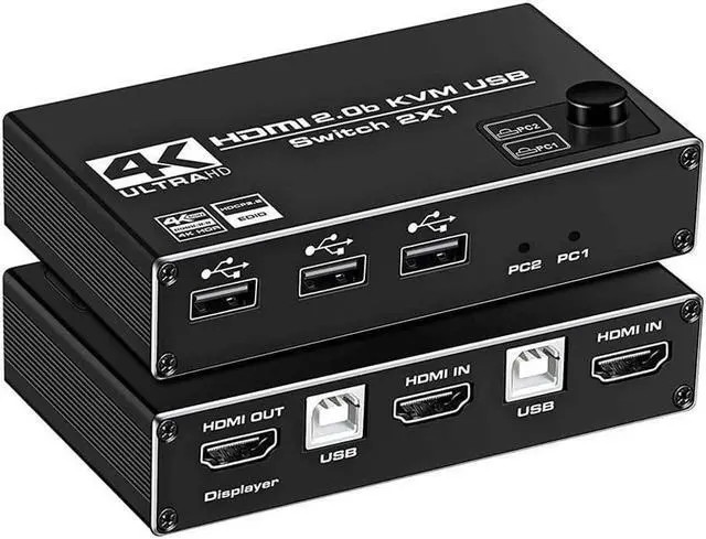 HDMI 2.0b KVM Switch USB 2 Port 4K HDMI 2 Computers Share One Monitor 2x1 HDMI KVM Switch 3 USB 2.0 Hub Ultra HD 4K 60Hz HDCP 2.2 Support Wireless Keyboard and Mouse