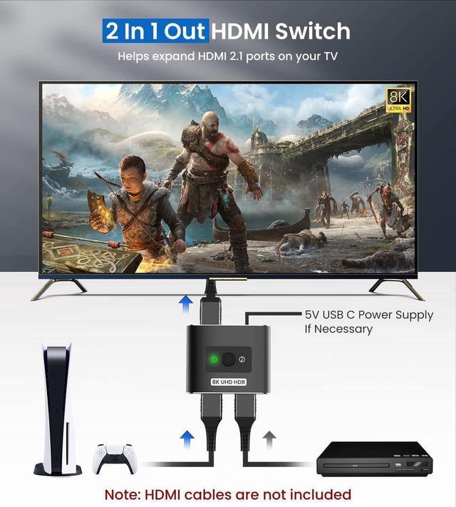 HDMI 2.1 Switch 8K HDMI Switcher 4K 120hz HDR Aluminum Bi-Directional Switch Splitter 2 In 1 Out Or 1 In 2 Out Support High Speed 48Gbps 8K 60Hz For PS5 Xbox Series X Apple TV Samsung TV