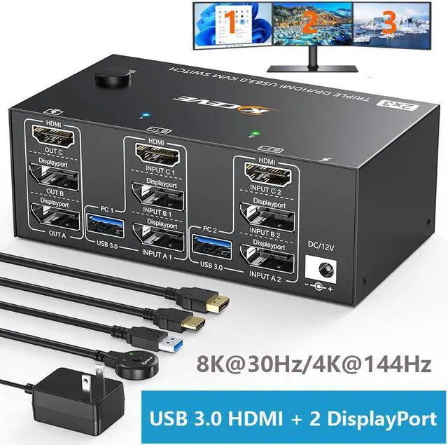 HDMI + 2 DisplayPort KVM Switch 2 PCs 3 Monitors 8K 30Hz/4k 144Hz Triple Monitor 2 DP + HDMI KVM Switch for 2 Computer Share 3 Display and 4 USB 3.0 Devices Wired Remote and USB Cables Included