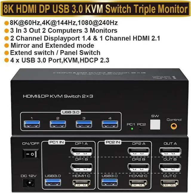 HDMI+2 Displayport KVM Switch 3 Monitors 2 Computers with 4 USB 3.0 Hub 8K 60Hz Ultra HD Resolution Triple Monitor 2DP+HDMI KVM Switch DP1.4 HDMI2.1Via Button Switch Plug and Play
