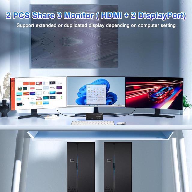 HDMI + 2 Displayport USB 3.0 KVM Switch Triple Monitor For 2 Computers 4K 60Hz KVM Switch 2 Computers 3 Monitors With Audio Microphone Output And 3 USB 3.0 Ports Keyboard Mouse Switcher