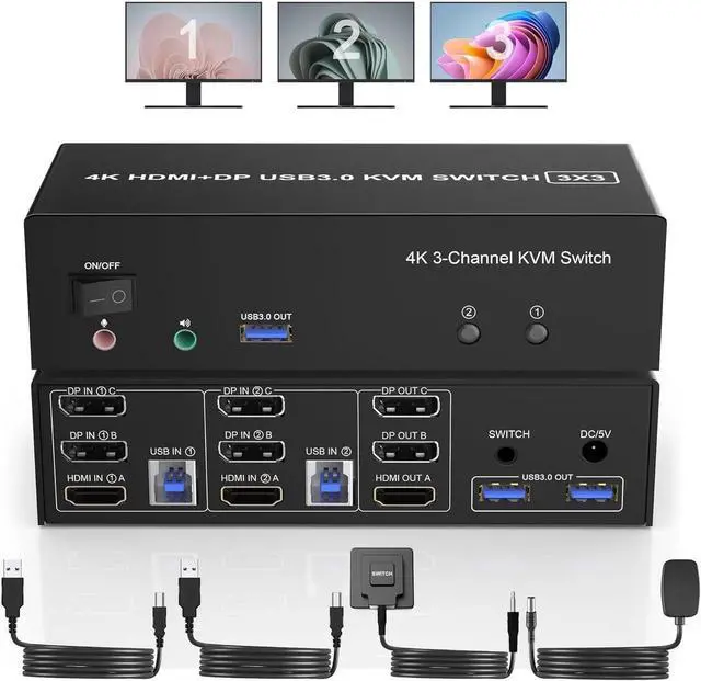HDMI + 2 Displayport USB 3.0 KVM Switch Triple Monitor for 2 Computers 4K 60Hz KVM Switch 2 Computers 3 Monitors with Audio Microphone Output and 3 USB 3.0 Ports Keyboard Mouse Switcher
