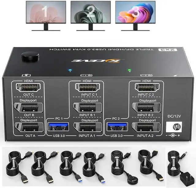 [HDMI + 2 DP] KVM Switch 2 in 3 Out 8K 60Hz 4K 144Hz HDMI+2 Displayport Triple Monitor KVM Switch for 2 Computers Share 3 Monitor and 4 USB 3.0 Port Keyboard Mouse Wired Remote and 5 Cables Included