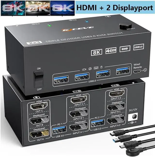 HDMI + 2 DP KVM Switch 3 Monitor 2 Computers 8K 60Hz 4K 144Hz HDMI+2 Displayport Triple Monitor KVM Switch for 2 PCs 3 Monitors with 4 USB 3.0 Ports Wired Remote Control and 5 cables included