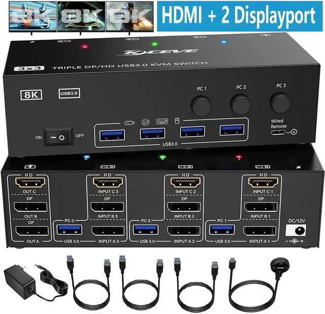 [HDMI + 2 DP] Triple Monitor KVM Switch 3 Computers 3 Monitors HDMI + 2 Displayport USB 3.0 KVM Switch with 3 PC Share 3 Display and 4 USB 3.0 Devices Wired Remote and 12V power adapter Included