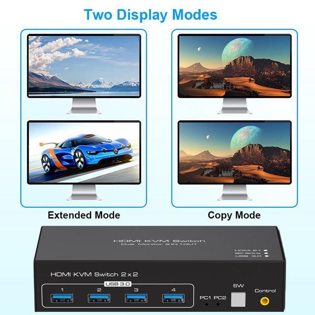 HDMI-compatible KVM Switch 2 In 2 Out 8K 60Hz 2 Port HDMI KVM Switch For 2 Computers 2 Monitors 4K 120Hz USB 3.0 KVM Switch With 4 XUSB 3.0 Port Support Copy And Extended Display And Desktop Control