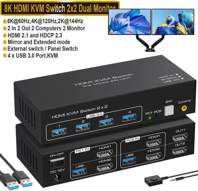 HDMI-compatible KVM Switch 2 in 2 Out 8K 60Hz 2 Port HDMI KVM Switch for 2 Computers 2 Monitors 4K 120Hz USB 3.0 KVM Switch with 4 xUSB 3.0 Port Support Copy and Extended Display and Desktop Control