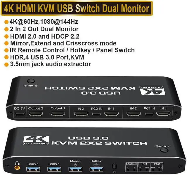 HDMI-compatible KVM Switch 4K 60Hz 2 Port Dual Monitor USB 3.0 KVM Switch 1080P USB KVM Switcher HDMI with USB 3.0 port