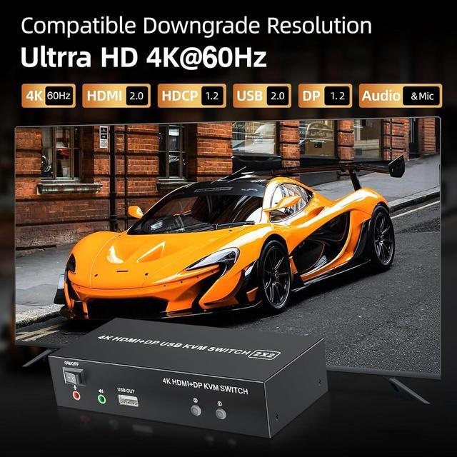 HDMI Displayport KVM Switch 2 Monitors 2 Computers 4K 60Hz USB 2.0 DP 1.4 KVM Switch W/Audio Micro Dual Monitor Supports Extended/Mirror Mode 2-Port For 2 PC Share 1 Set Of Keyboard Mouse Printer