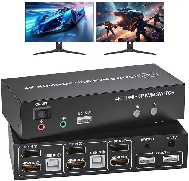 HDMI Displayport KVM Switch 2 Monitors 2 Computers 4K 60Hz USB 2.0 DP 1.4 KVM Switch w/Audio Micro Dual Monitor Supports Extended/Mirror Mode 2-Port for 2 PC Share 1 Set of Keyboard Mouse Printer