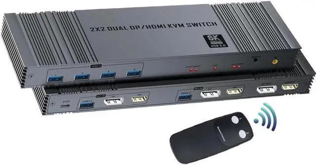 HDMI + DisplayPort KVM Switch 2 Monitors 2 Computers with 4 USB 3.0 Hub 8K 60Hz Ultra HD Resolution Dual Monitor KVM Switch HDMI 2.1 DP1.4 Via Remote Control Plug and Play