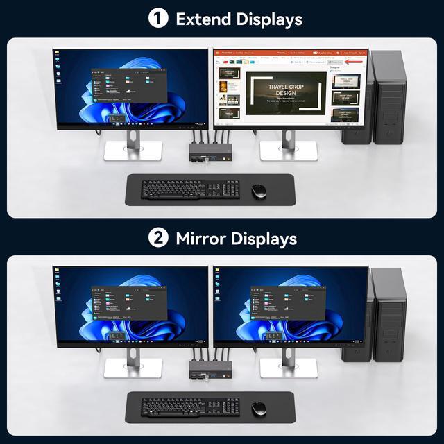 HDMI+Displayport KVM Switch 2 Monitors 2 Computers 4K 60Hz KVM Switcher For Two PC Share Dual Monitors And 4 USB 3.0 Ports Support Extended/Copy Mode With Desktop Controller&2 USB Cables