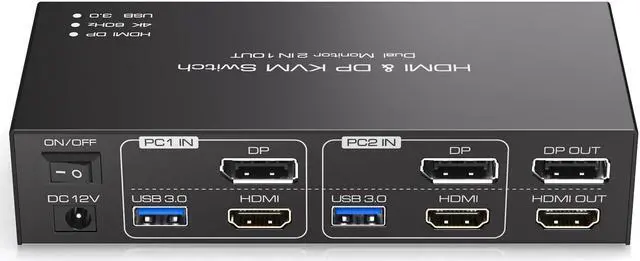 HDMI+Displayport KVM Switch 2 Monitors 2 Computers 4K 60Hz KVM Switcher for Two PC Share Dual Monitors and 4 USB 3.0 Ports Support Extended/Copy Mode with Desktop Controller&2 USB Cables