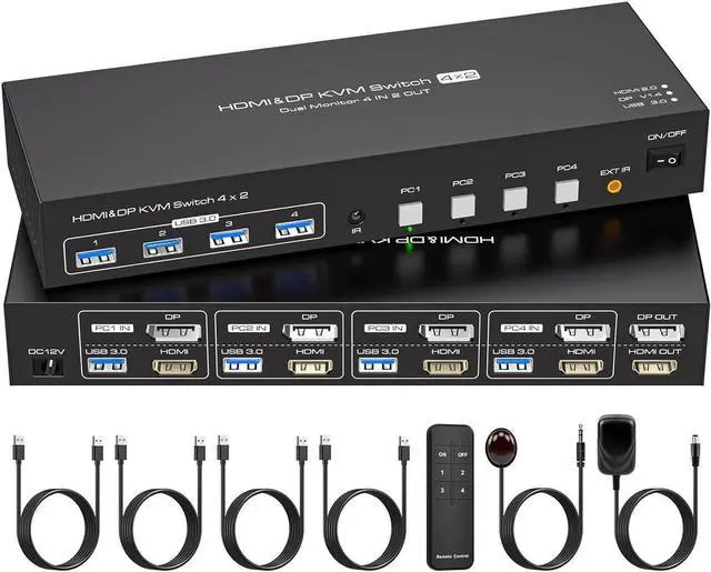 HDMI+DisplayPort KVM Switch 2 Monitors 4 Computers with 4 USB 3.0 Hub 4K 60Hz Ultra HD Resolution Dual Monitor KVM Switch HDMI2.0 DP1.4 Via Button Switch Plug and Play