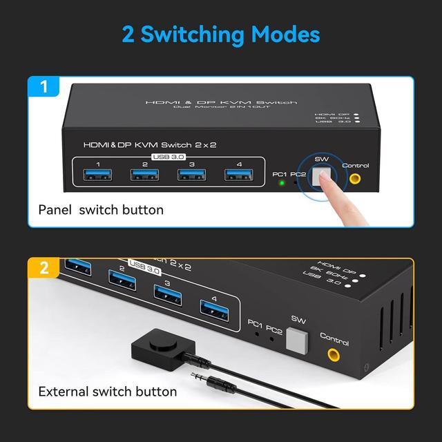 HDMI + Displayport KVM Switch Dual Monitor 2 Port DisplayPort And HDMI 8K 60HZ KVM Switcher For 2 Computers 2 Monitors With 4 Ports USB 3.0 Support Copy And Extended Display And Desktop Control