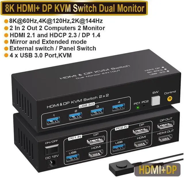 HDMI + Displayport KVM Switch Dual Monitor 2 Port DisplayPort and HDMI 8K 60HZ KVM Switcher for 2 Computers 2 Monitors with 4 Ports USB 3.0 Support Copy and Extended Display and Desktop Control