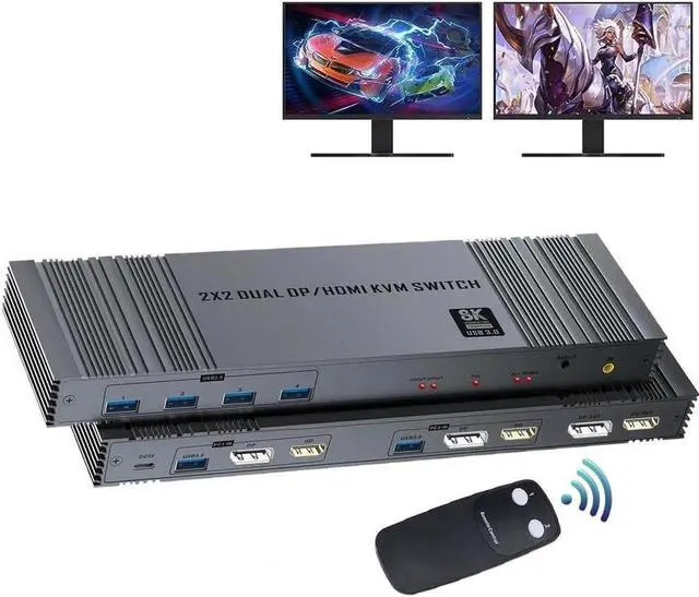 HDMI DP KVM Switch Dual Monitors 2 Computers 2 Port 8K 30HZ USB3.0 Monitor Switcher for 2 Laptops 2 Monitors with Manual Switching and Remote Control
