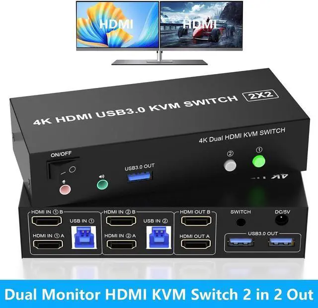 HDMI Dual Monitor KVM Switch 2 Computers 2 Monitors Support 4K 60Hz EDID Emulators USB 3.0 HDMI KVM Switcher for 2 Computers Share 2 Monitors and 3 USB 3.0 Ports with Audio Microphone