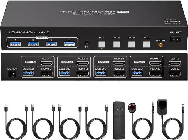 HDMI+HDMI KVM Switch 2 Monitors 4 Computers with 4 USB 3.0 Hub 4K 60Hz Ultra HD Resolution Dual Monitor KVM Switch HDMI2.0 Via Button Switch Plug and Play