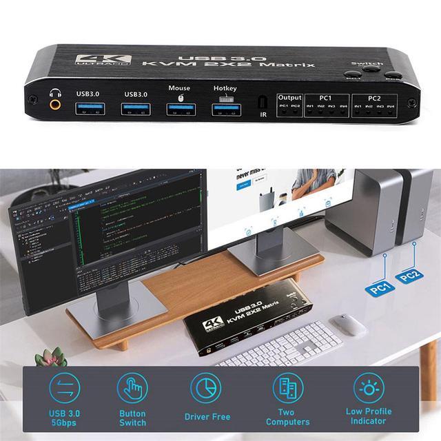 HDMI KVM Matrix Switch 2x2 Dual Monitor USB HDMI KVM Switch With USB 3.0 Hub 4k 60Hz HDMI Extended Display USB KVM Switcher 2 In 2 Out For 2 Computers Share 2 Monitors With IR Remote Controller