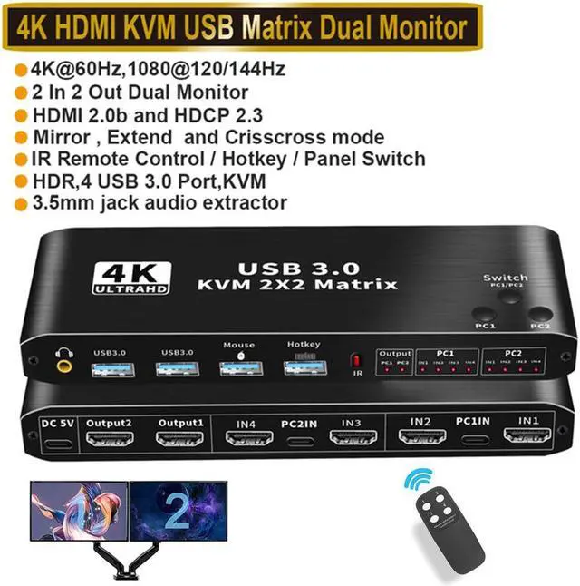 HDMI KVM Matrix Switch 2x2 Dual Monitor USB HDMI KVM Switch with USB 3.0 Hub 4k 60Hz HDMI Extended Display USB KVM Switcher 2 in 2 Out for 2 Computers Share 2 Monitors with IR Remote Controller