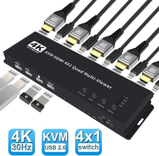 HDMI KVM Multi-viewer Switch 4x1 HDMI Quad Multi-Viewer Switcher 4 in 1 Out 4K 30Hz with 5 Viewing Modes for Security Camera PC Gaming Consoles