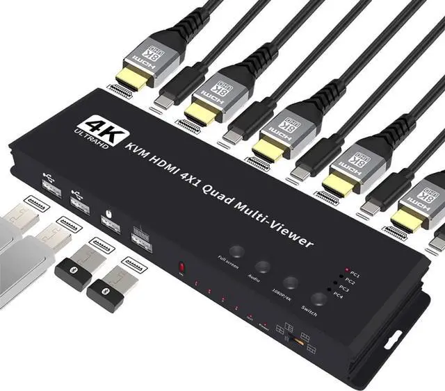 HDMI KVM Multi-Viewer Switch 4x1 HDMI Quad Seamless Switcher 4 in 1 Out Support 4K 30Hz & 5 Display Mode Split Screen for TV/PC/STB/DVD with IR Remote for Security Camera PS4 Laptop Monitor