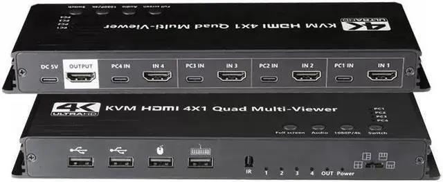 HDMI KVM Multiviewer Switch 4x1 HDMI Quad Multi-Viewer Seamless Switcher 4 in 1 Out 4K 3D 1080P 5 Viewing Modes for Security Camera PS4 Laptop Monitor (Multiviewer 4K30Hz)