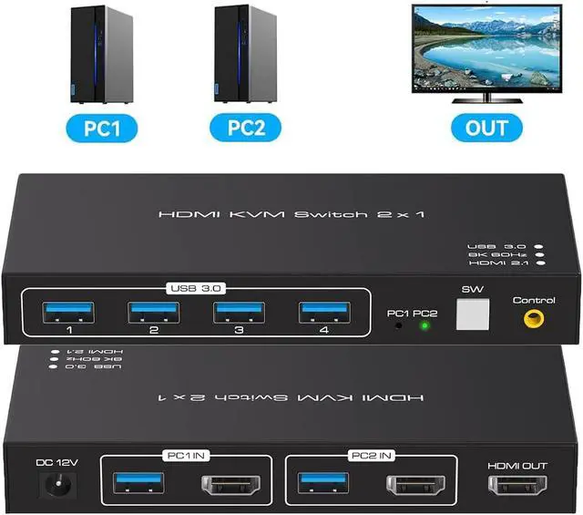 HDMI KVM Switch 1 Monitors 2 Computers HDMI 2.1 8K 60Hz 4K 120Hz HDMI kvm Switch 1 Monitor 2 Computer to Share 4 USB 3.0 Ports Wired Controller and 2 Cables Included