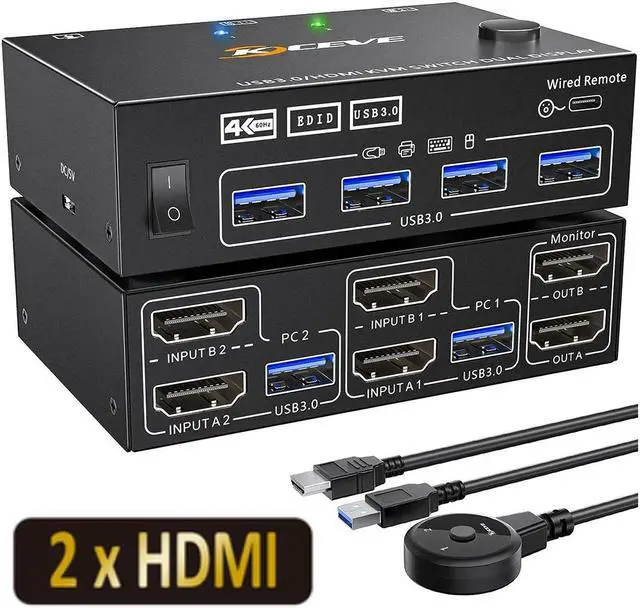HDMI KVM Switch 2 Computer 2 Monitors HDMI USB 3.0 KVM Switch Dual Monitors with EDID Function Supports 4K 60Hz for 2 Computers Share 2 Monitors and 4 USB 3.0 Ports Wired Remote and Cables Included