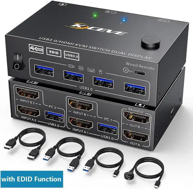 HDMI KVM Switch 2 Computers 2 Monitors Dual Monitor HDMI USB 3.0 KVM Switcher 2 in 2 Out 4K 60Hz HD Resolution Support Copy and Extended Display with EDID Function to Keep Window in Right Place