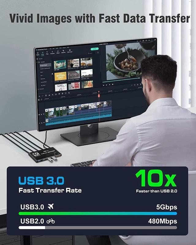 HDMI KVM Switch 2 In 1 Out 4K 60Hz HDMI USB-C KVM Switch With 2 PCs Share 1 Monitors And 4 USB3.0 Hubs Compatible With Windows And Mac OS X