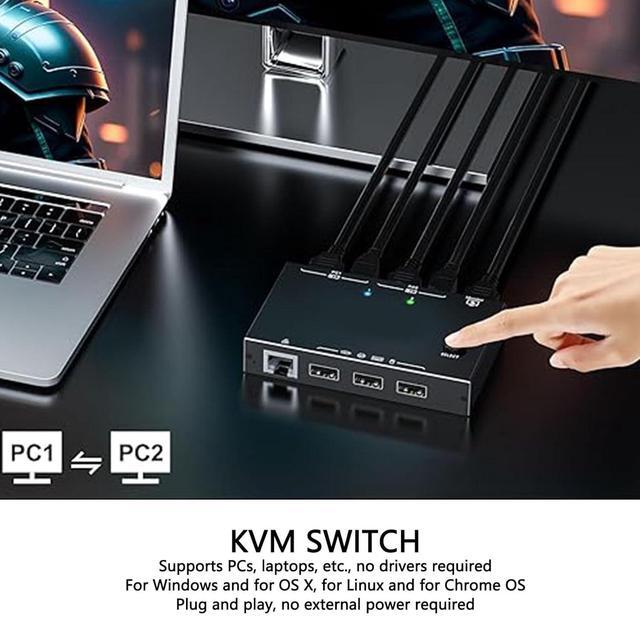 HDMI KVM Switch 2 In 1 Out With Ethernet RJ45 Port 2 Port 4K 60Hz HDMI KVM Switcher For 2 Computers Share 1 Monitor 3 USB Devices For PCs Laptops For Windows MacOS X Linux Chrome OS