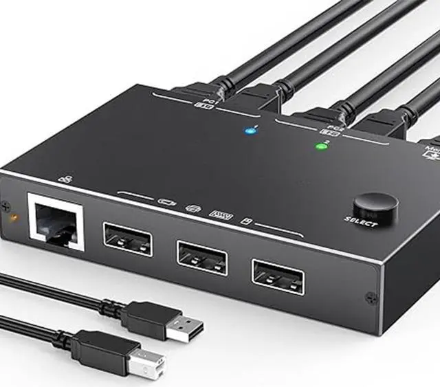 HDMI KVM Switch 2 in 1 Out with Ethernet RJ45 Port 2 Port 4K 60Hz HDMI KVM Switcher for 2 Computers Share 1 Monitor 3 USB Devices for PCs Laptops for Windows MacOS X Linux Chrome OS
