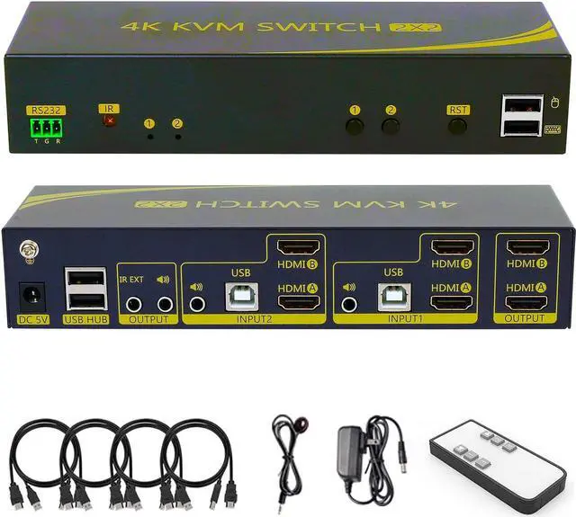 HDMI KVM Switch 2 in 2 Out Dual Monitor Extended Display 4K 60Hz 4:4:4 with Audio and USB 2.0 Hub Sharing PC Monitor Keyboard Mouse Switcher