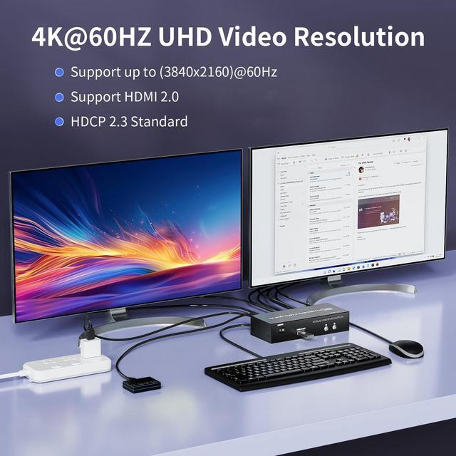 HDMI KVM Switch 2 Monitors 2 Computers 4K 60Hz USB 3.0 KVM Switcher Share Dual Monitor Extended Copy Display And 3 USB Devices Keyboard Mouse