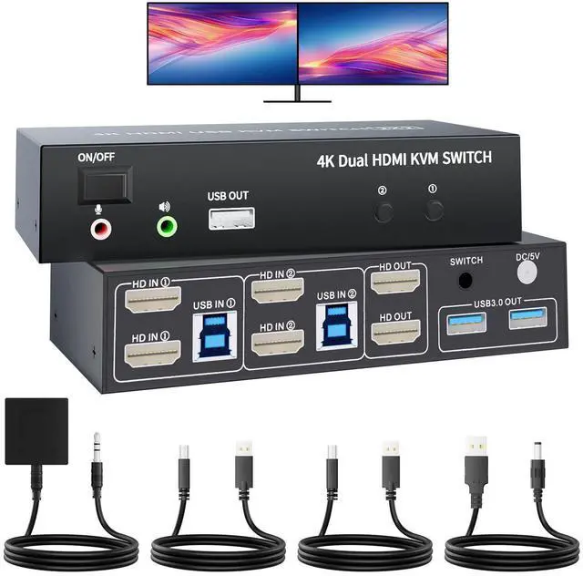 HDMI KVM Switch 2 Monitors 2 Computers 4K 60Hz USB 3.0 KVM Switcher Share Dual Monitor Extended Copy Display and 3 USB Devices Keyboard Mouse