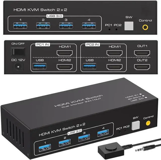 HDMI KVM Switch 2 Monitors 2 Computers with 4 USB 3.0 Hub 8K 60Hz Ultra HD Resolution Dual Monitor KVM Switch HDMI 2.1 Via Button Switch Plug and Play