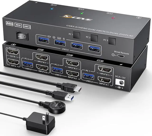 HDMI KVM Switch 2 Monitors 3 Computers 4K 60Hz EDID simulationDual Monitor KVM Switch for 3 Computers Share 2 Displays and Keyboard Mouse Printer Wired Remote and 5 Cables Included