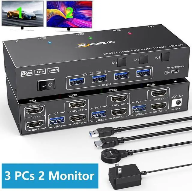 HDMI KVM Switch 2 Monitors 3 Computers 4K 60Hz EDID Emulator Dual Monitor HDMI KVM Switch with 4 USB 3.0 Ports for 3 Computers Share 2 Displays and Keyboard Mouse Wired Remote and 5 Cables Included