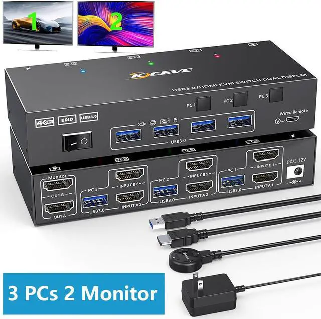 HDMI KVM Switch 2 Monitors 3 Computers 4K 60Hz EDID Emulator Dual Monitor HDMI KVM Switch with 4 USB 3.0 Ports for 3 Computers Share 2 Displays and Keyboard Mouse Wired Remote and 5 Cables Included