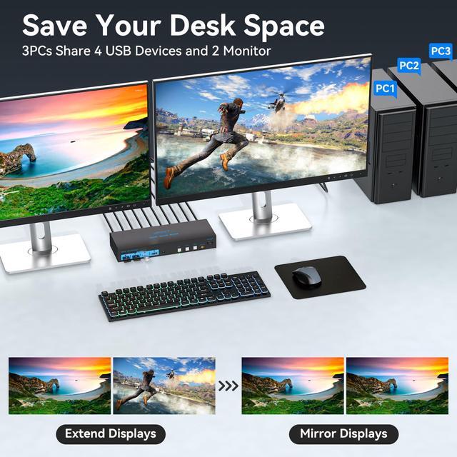 HDMI KVM Switch 2 Monitors 3 Computers EDID 4K 60Hz USB 3.0 KVM Switches Dual Monitor 3 Ports For Triple PC Share Keyboard Mouse And Other 2 USB Devices With Controller