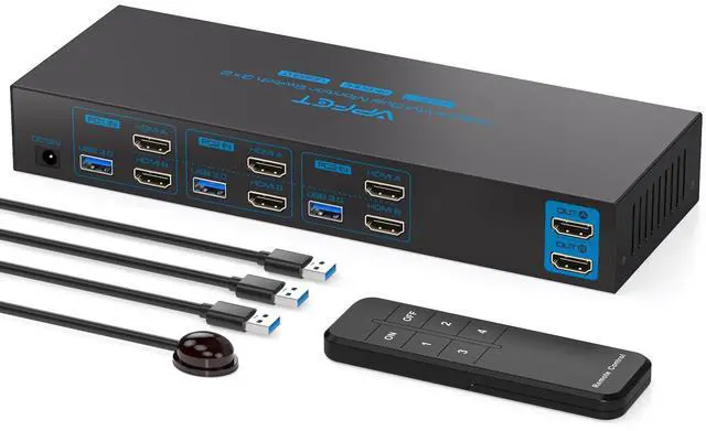 HDMI KVM Switch 2 Monitors 3 Computers EDID 4K 60Hz USB 3.0 KVM Switches Dual Monitor 3 Ports for Triple PC Share Keyboard Mouse and Other 2 USB Devices with Controller