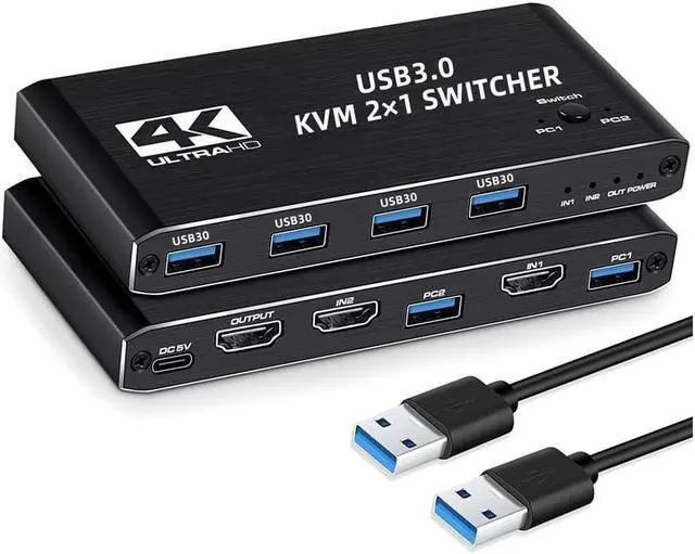HDMI KVM Switch 2 Port 4K 60Hz USB KVM Switch 2x1 HDMI2.0 Ports + 4x USB3.0 Ports Share 2 Computers to one Monitor Supports Hotkey Switch Wireless Keyboard and Mouse USB Disk Printer USB Camera