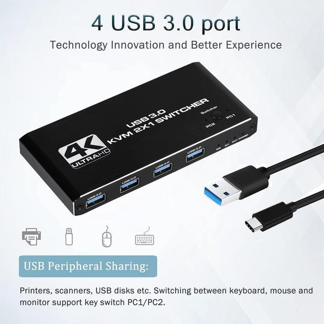 HDMI KVM Switch 2 Port 4K 60Hz USB KVM Switch 2x1 HDMI2.0 Ports + 4x USB3.0 Ports Share 2 Computers To One Monitor Supports Hotkey Switch Wireless Keyboard And Mouse USB Disk Printer USB Camera