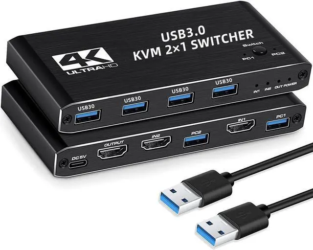 HDMI KVM Switch 2 Port 4K 60Hz USB KVM Switch 2x1 HDMI2.0 Ports + 4x USB3.0 Ports Share 2 Computers to one Monitor Supports Hotkey Switch Wireless Keyboard and Mouse USB Disk Printer USB Camera